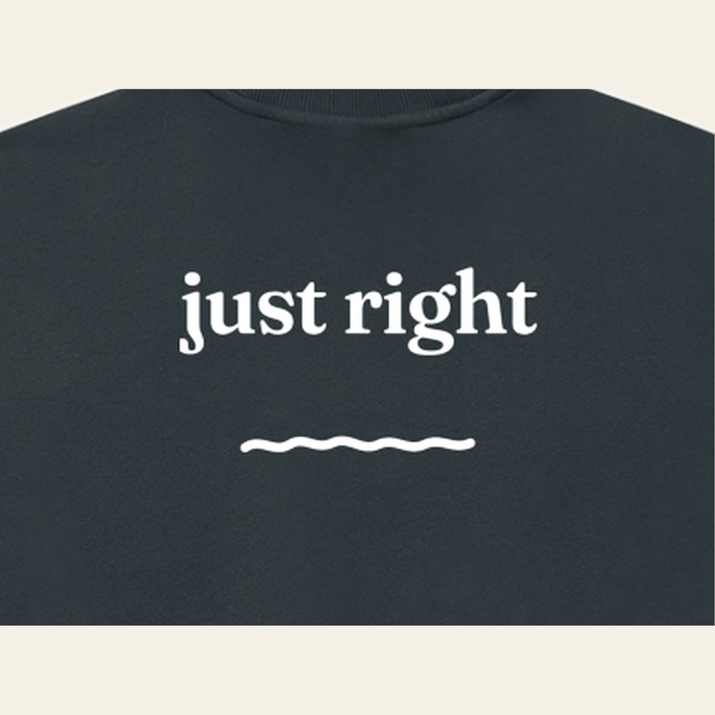 Close-up of the Just Right print on the back of the Navy Blue sweatshirt