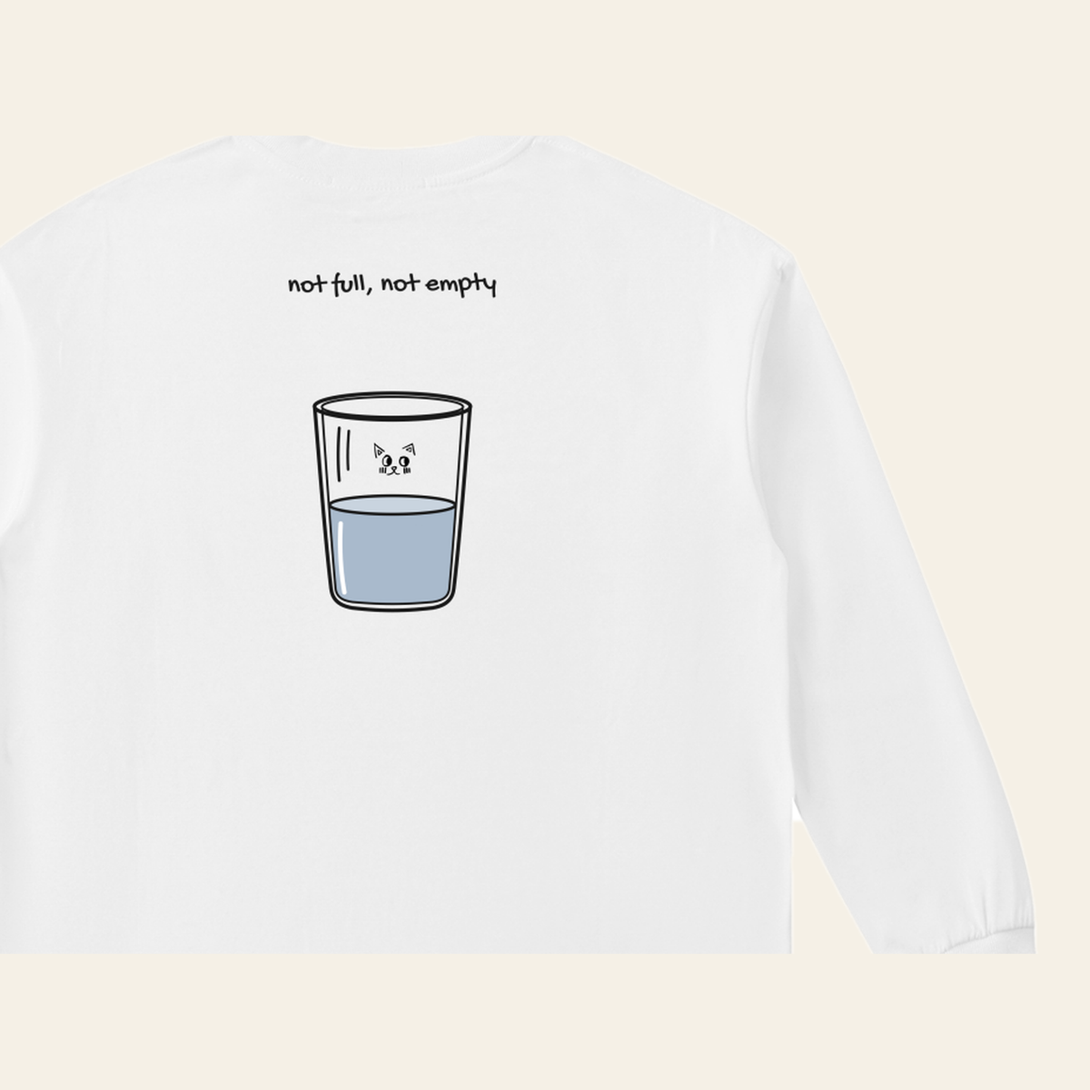 Close-up of the Just Right print on the back of the White long-sleeve t-shirt