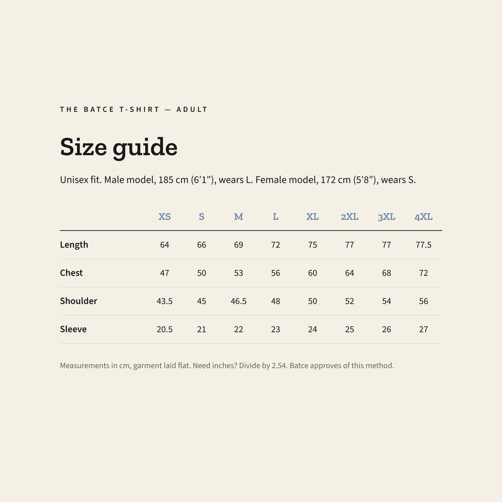 Adult size guide, XS to 4XL, measurements in centimeters