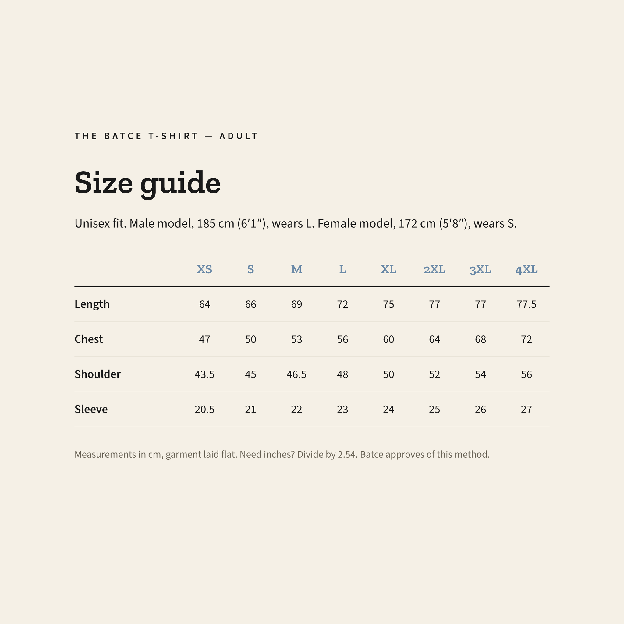 Adult size guide, XS to 4XL, measurements in centimeters