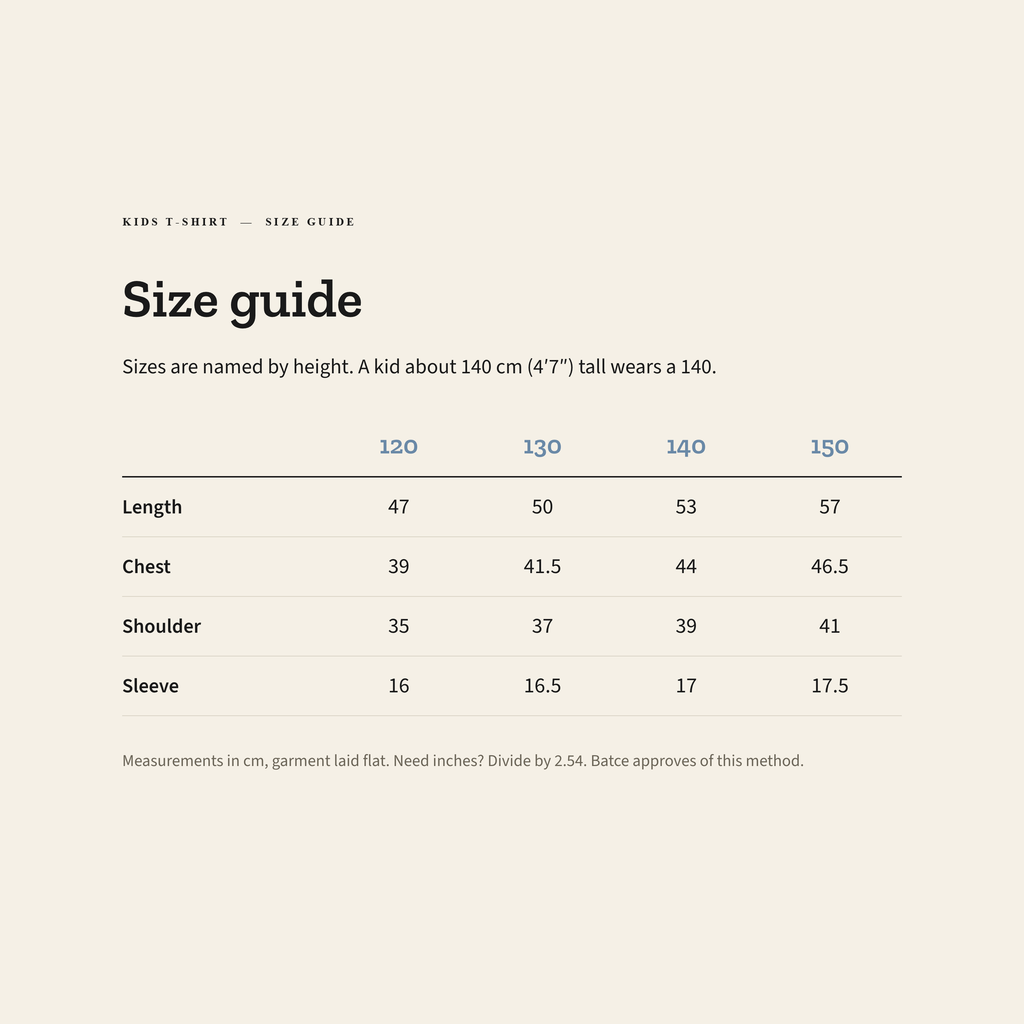 Kids size guide, 120 to 150 by height, measurements in centimeters