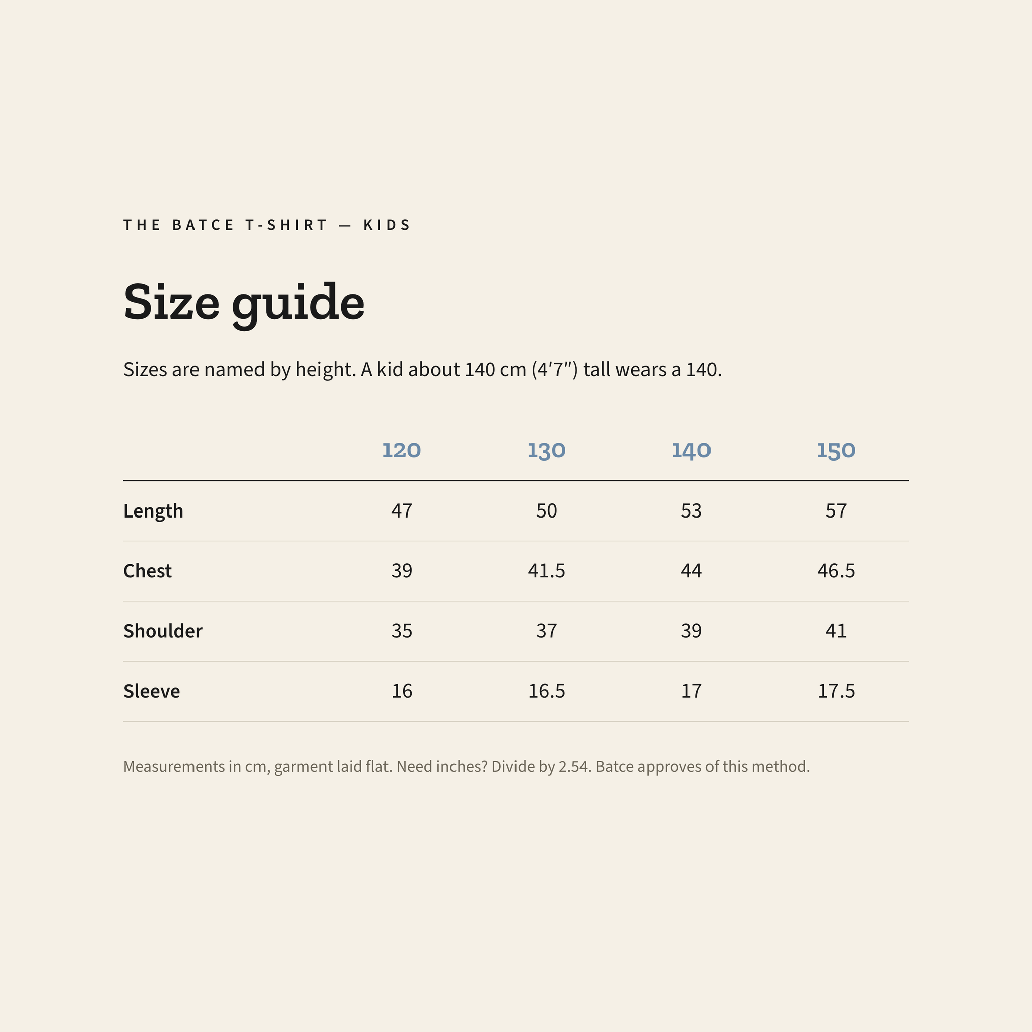 Kids size guide, 120 to 150 by height, measurements in centimeters