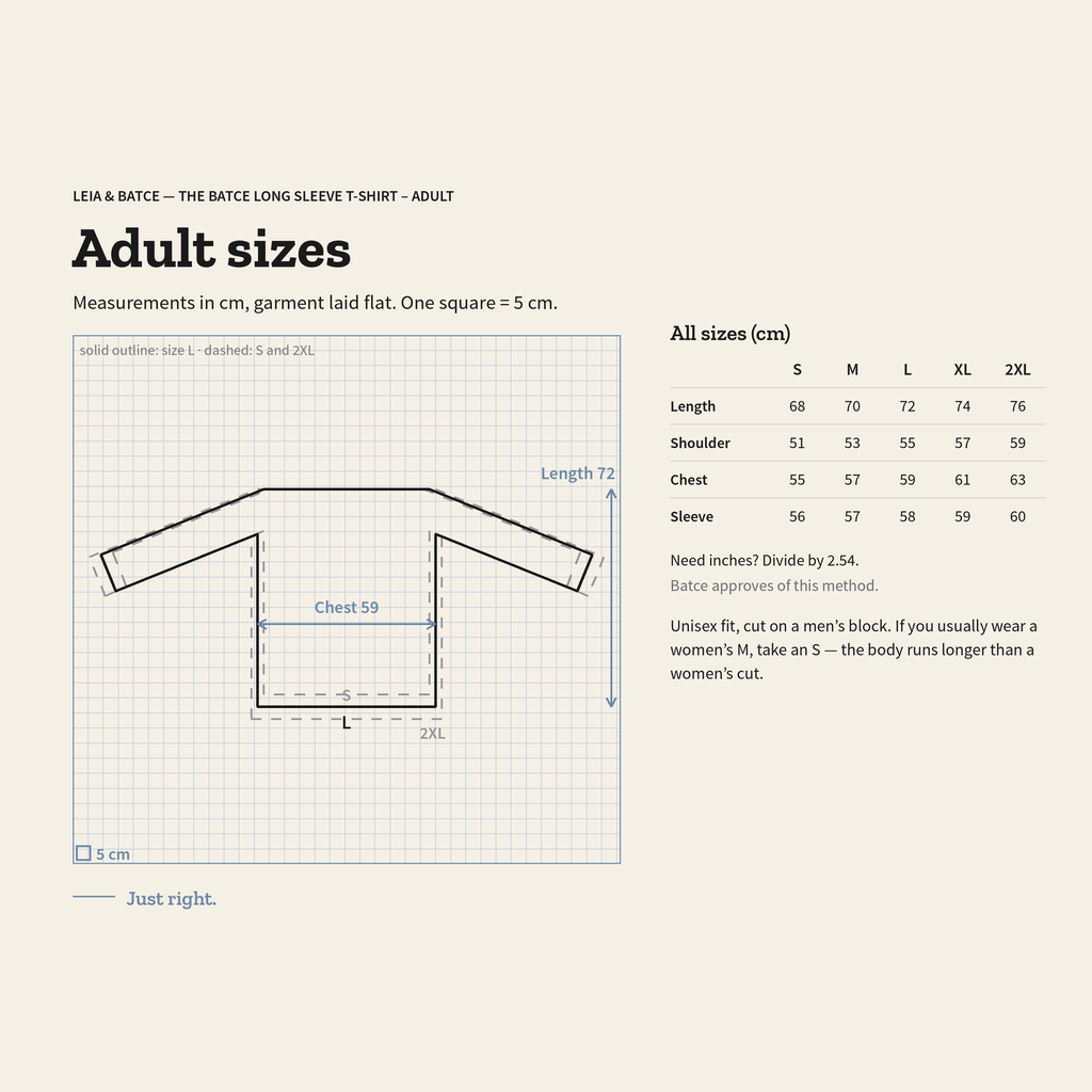 Size guide for The Batce Long Sleeve T-Shirt – Adult: measurements in cm, garment laid flat