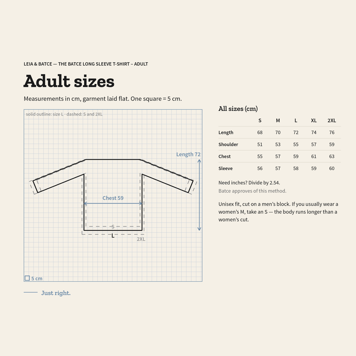Size guide for The Batce Long Sleeve T-Shirt – Adult: measurements in cm, garment laid flat