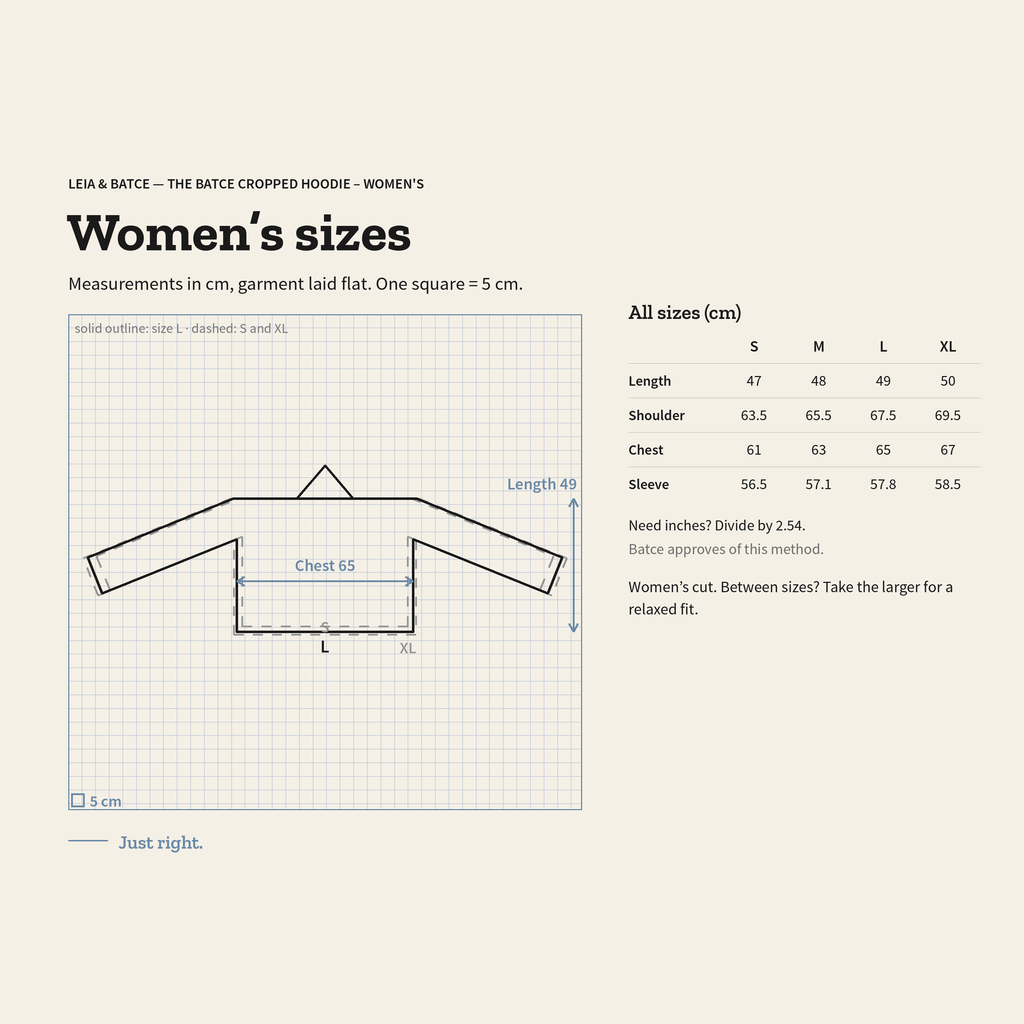Size guide for The Batce Cropped Hoodie – Women's: measurements in cm, garment laid flat