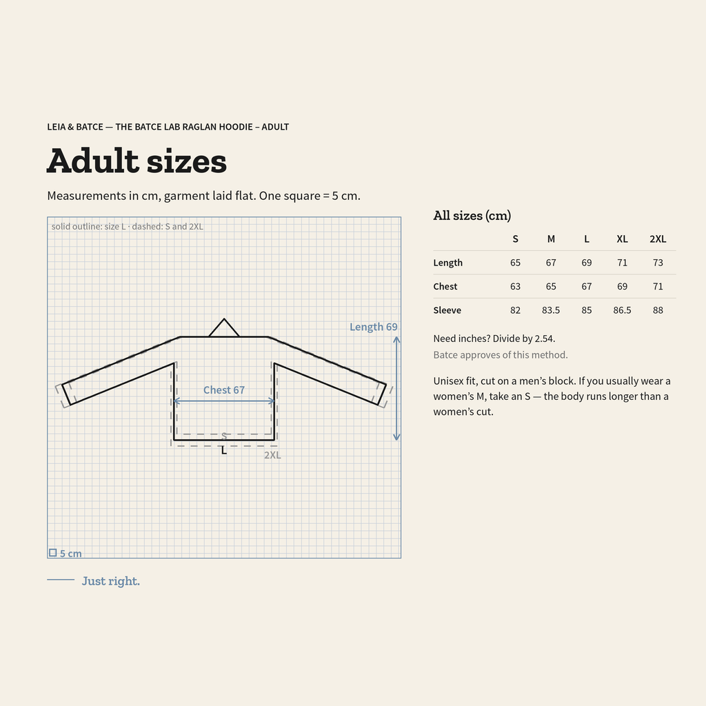 Size guide for The Batce Lab Raglan Hoodie – Adult: measurements in cm, garment laid flat