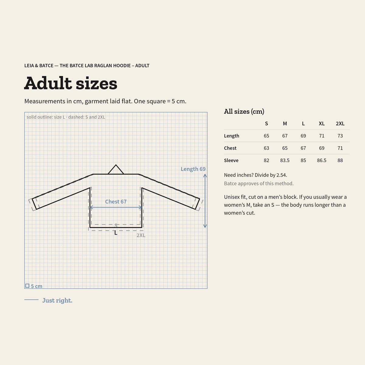 Size guide for The Batce Lab Raglan Hoodie – Adult: measurements in cm, garment laid flat