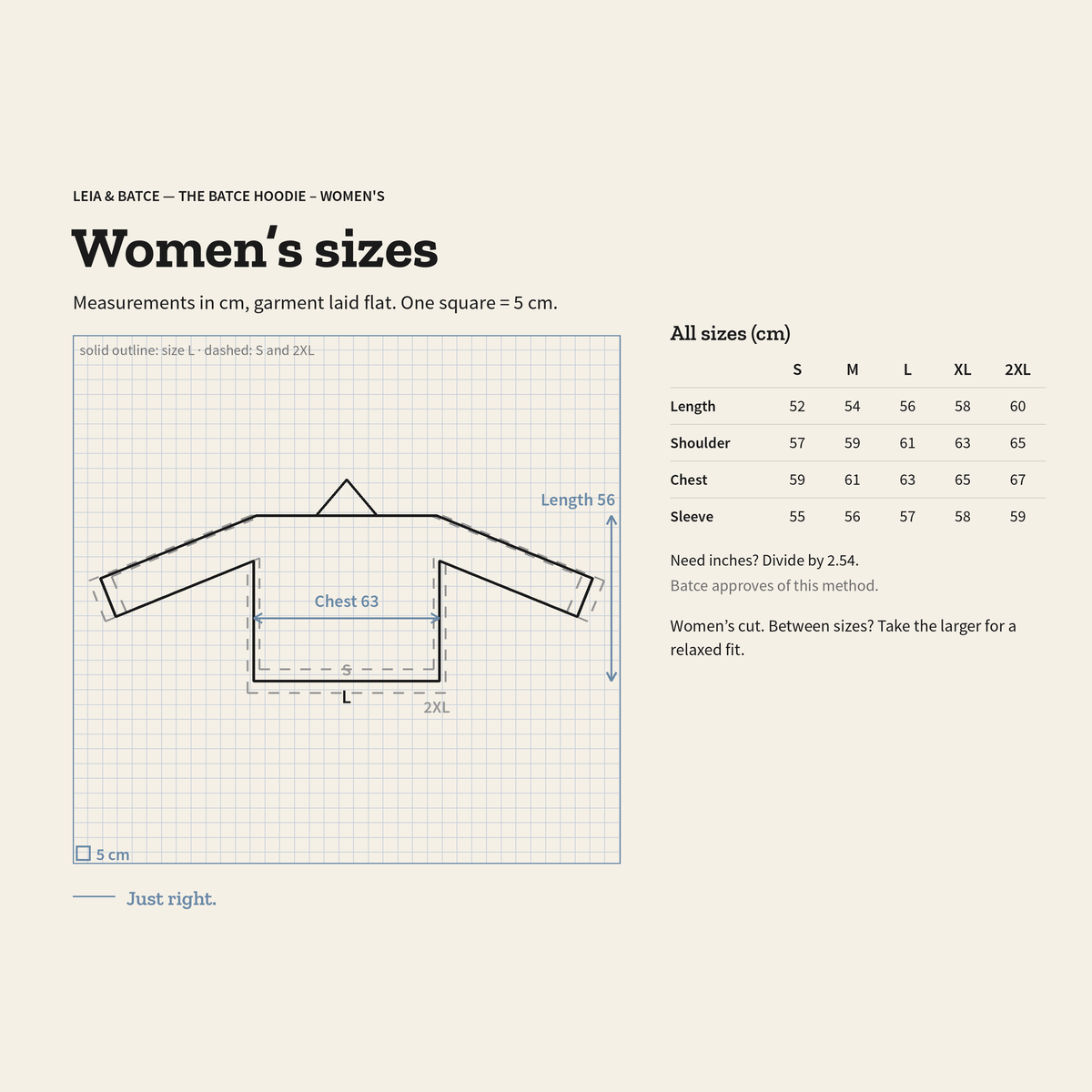 Size guide for The Batce Hoodie – Women's: measurements in cm, garment laid flat