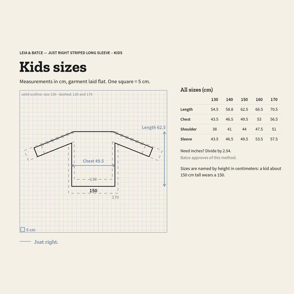 Size guide for Just Right Striped Long Sleeve – Kids: measurements in cm, garment laid flat