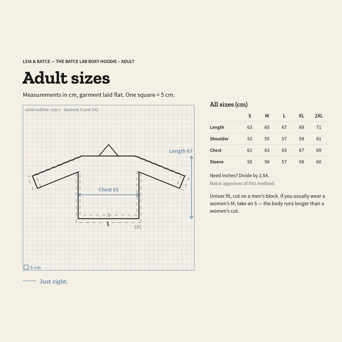 Adult size guide, measurements in centimeters, garment laid flat