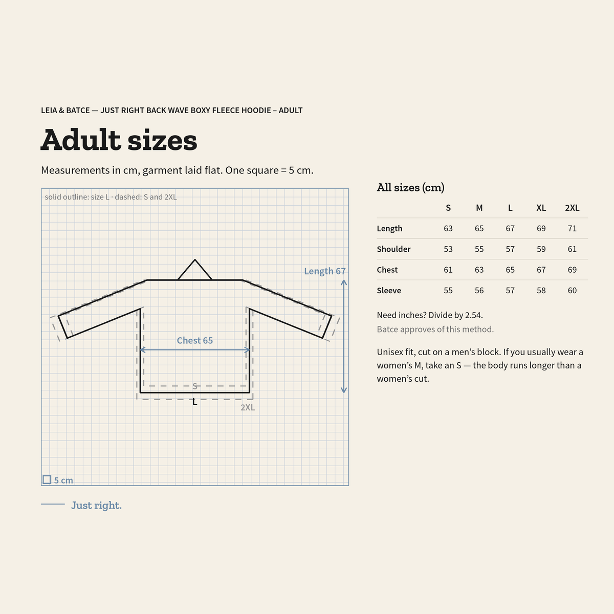 Adult size guide, measurements in centimeters, garment laid flat