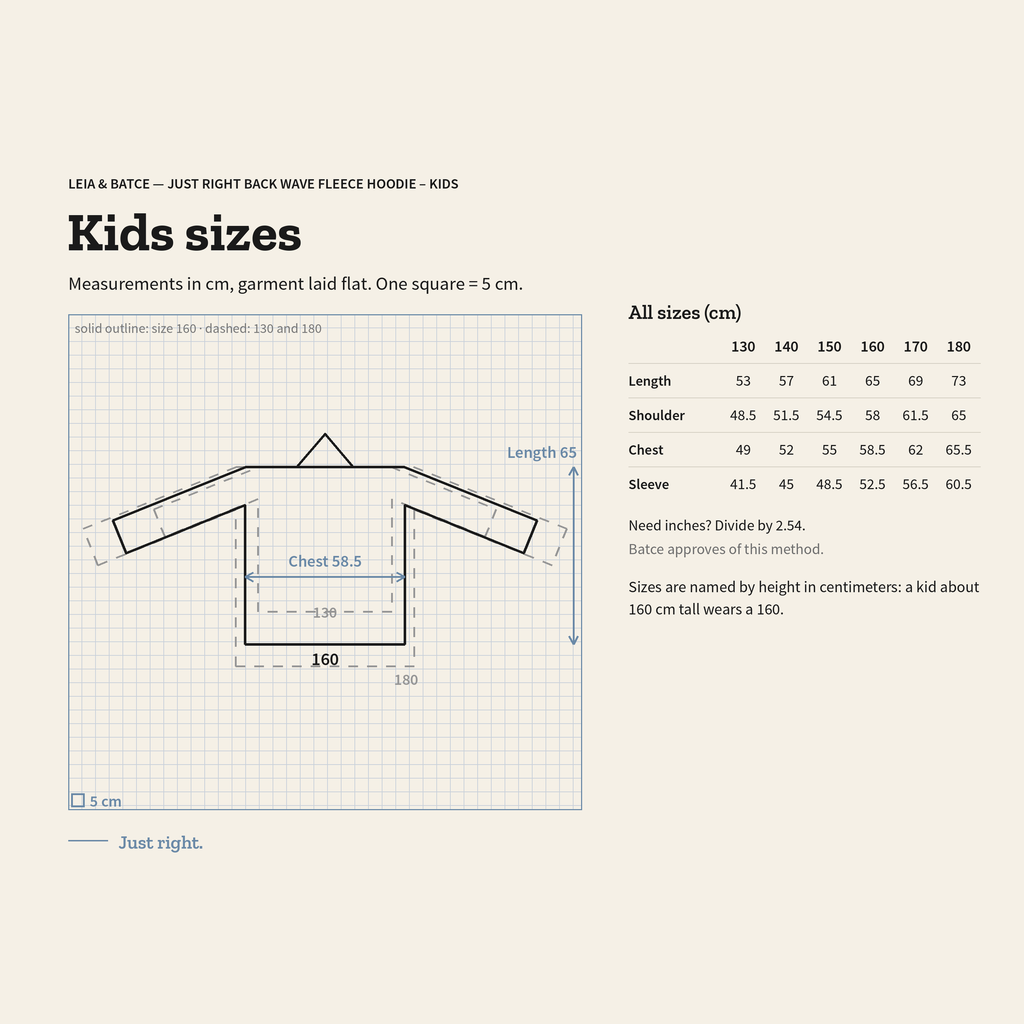 Kids size guide, measurements in centimeters, garment laid flat