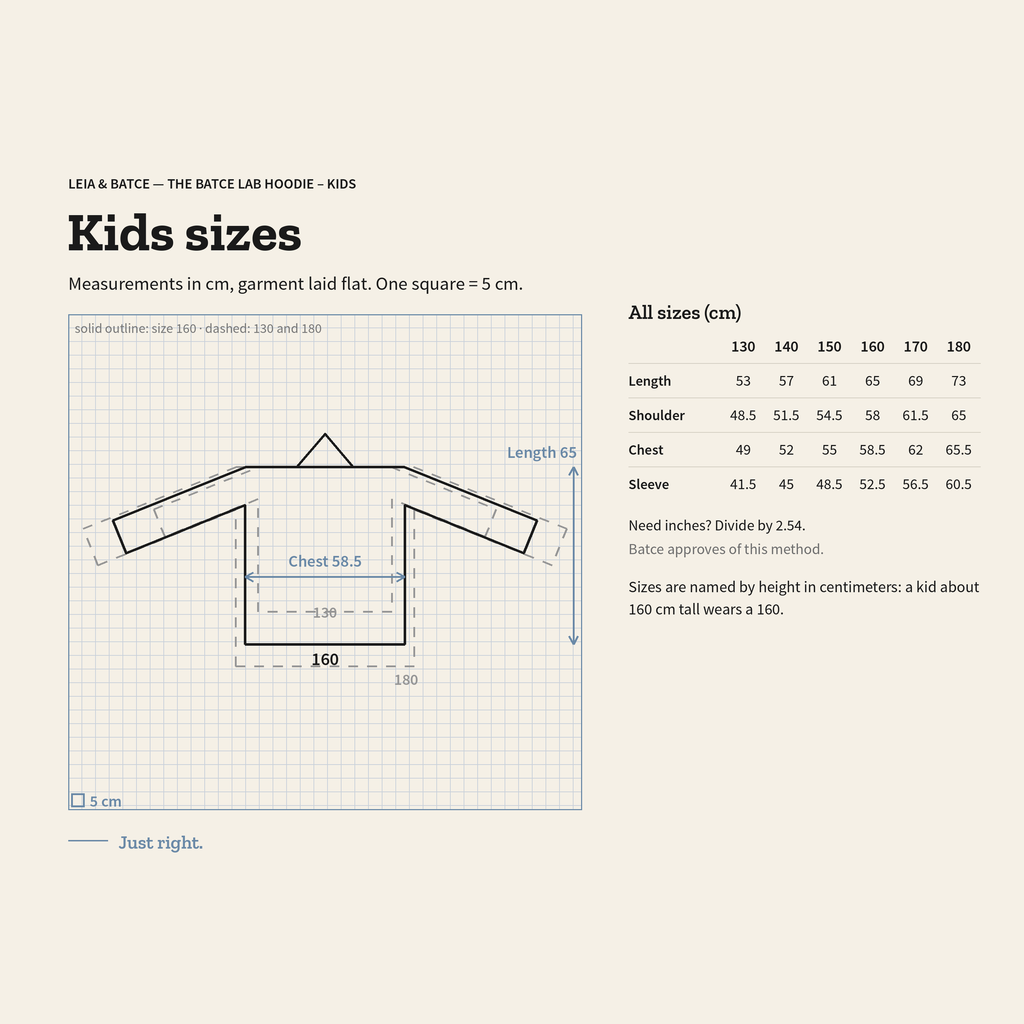 Kids size guide, measurements in centimeters, garment laid flat