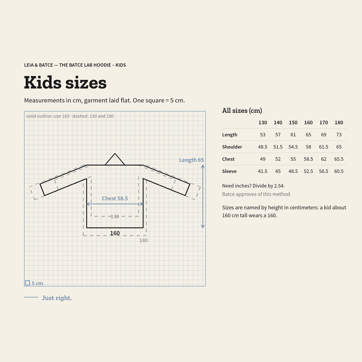 Kids size guide, measurements in centimeters, garment laid flat