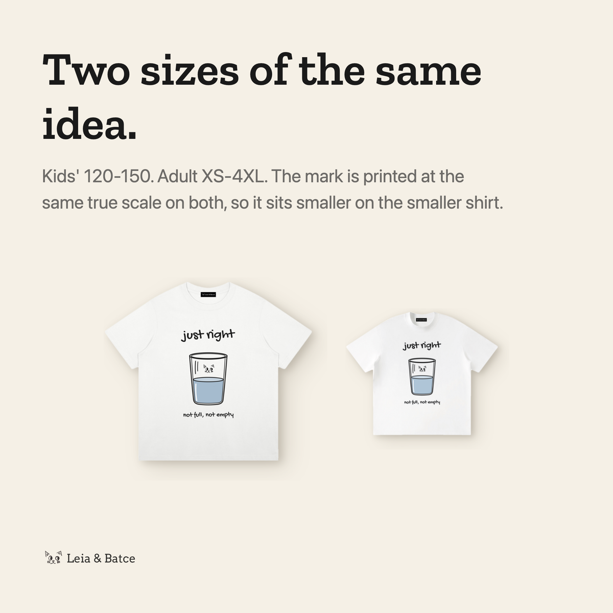 The same mark printed at true scale on the kids' and adult shirts