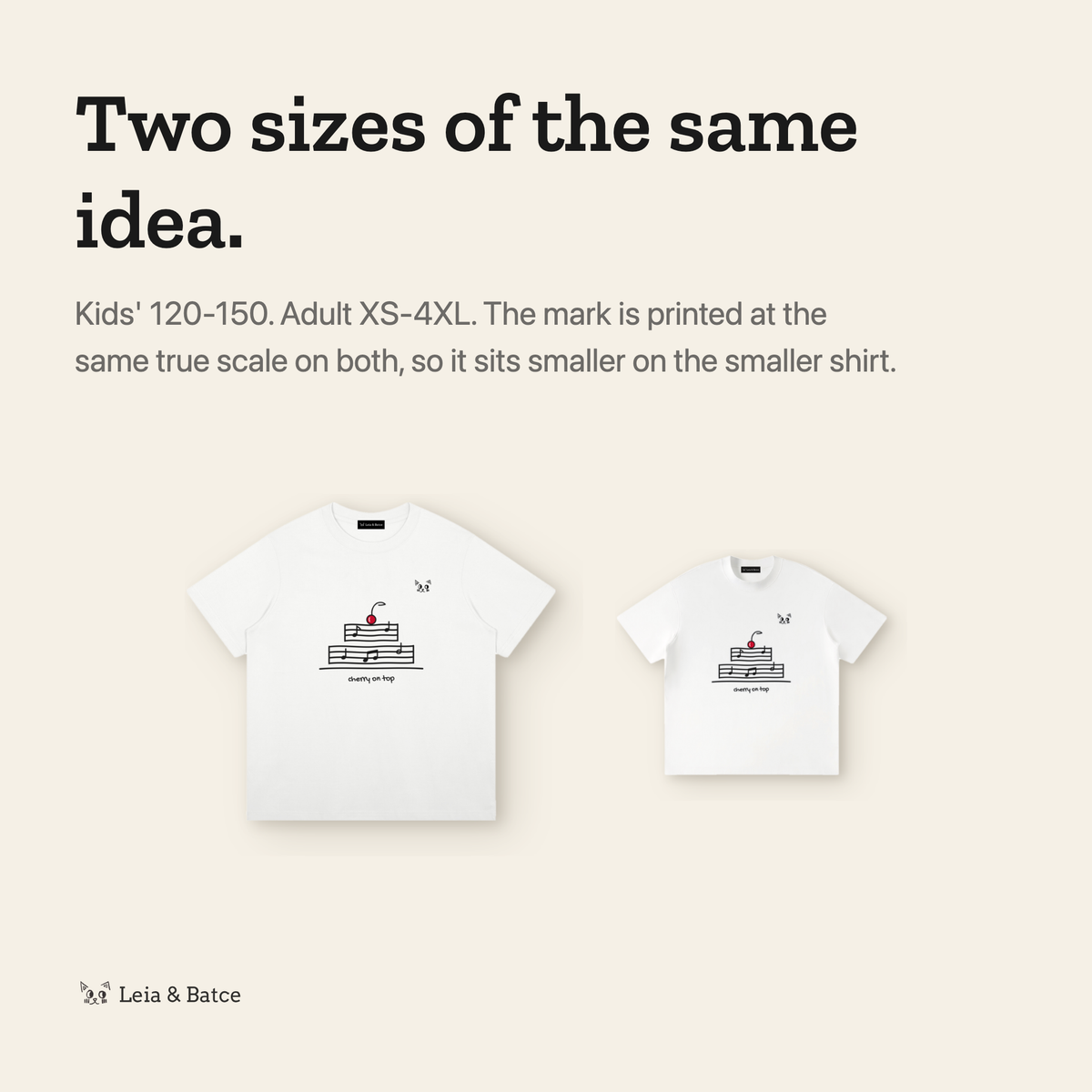 The same mark printed at true scale on the kids' and adult shirts