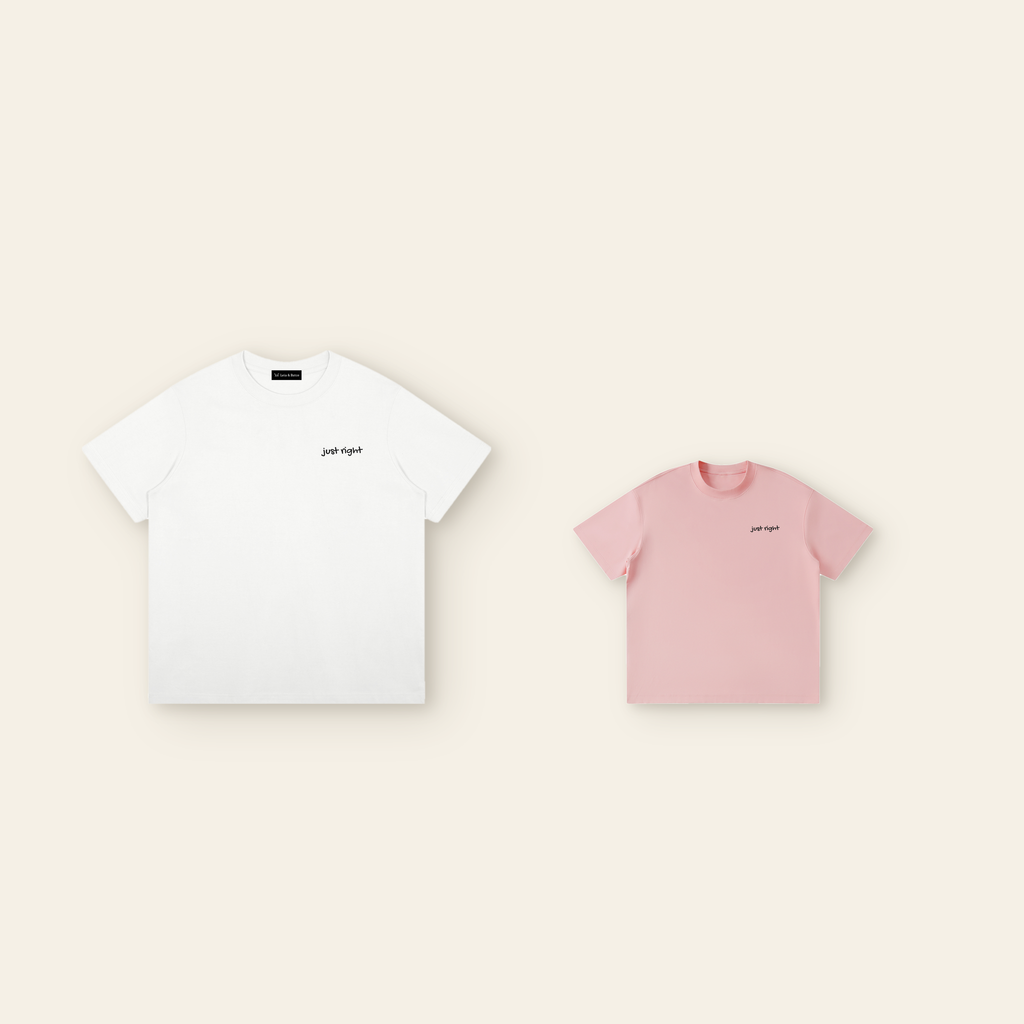 Just Right Small T-Shirt – Kids in adult and kids sizes side by side, the same mark drawn to scale