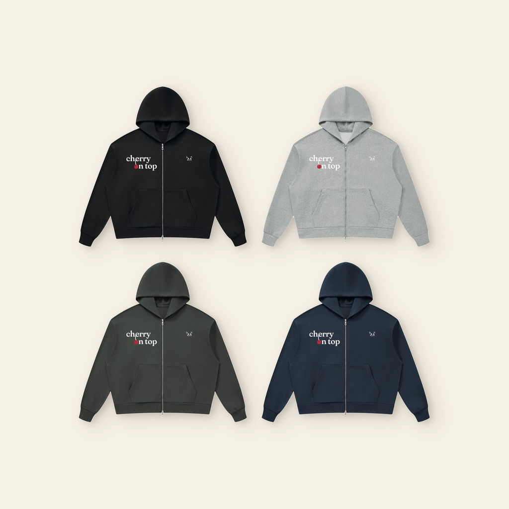 Cherry on Top Lettering Zip Hoodie – Adult in all 4 colors: Black, Heather Gray, Dark Gray, Navy Blue