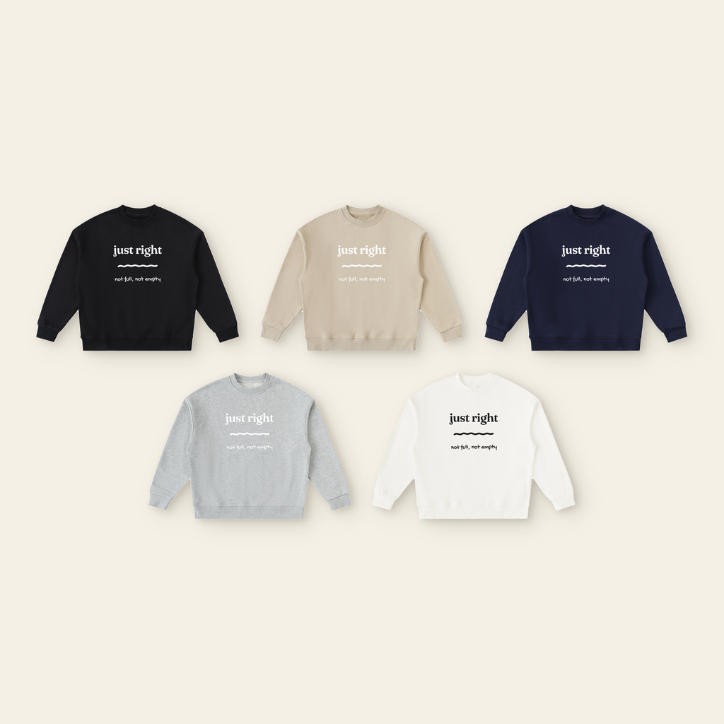 Just Right Full Lettering Fleece Sweatshirt – Kids in all 5 colors: Black, Khaki, Navy Blue, Heather Gray, Beige