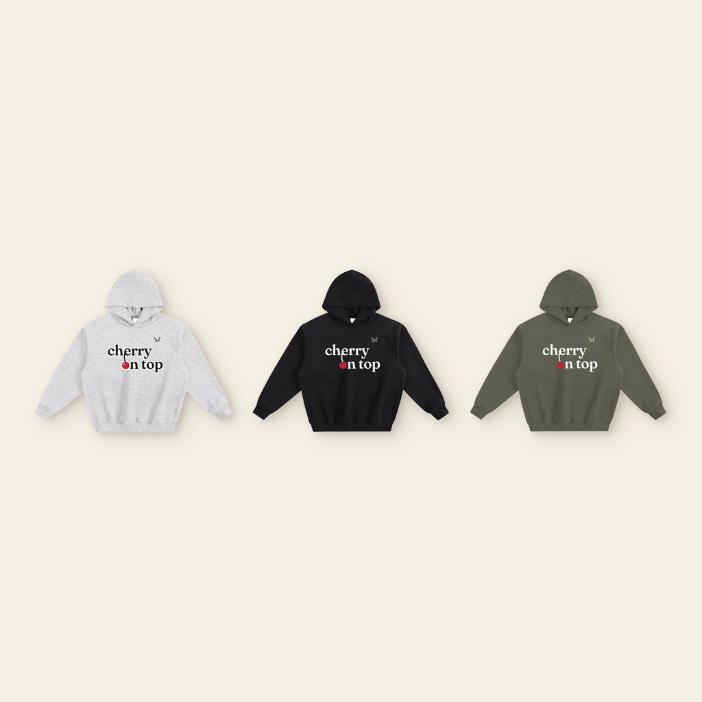 Cherry on Top Lettering Boxy Fleece Hoodie – Adult in all 3 colors: Heather Gray, Black, Olive Gray