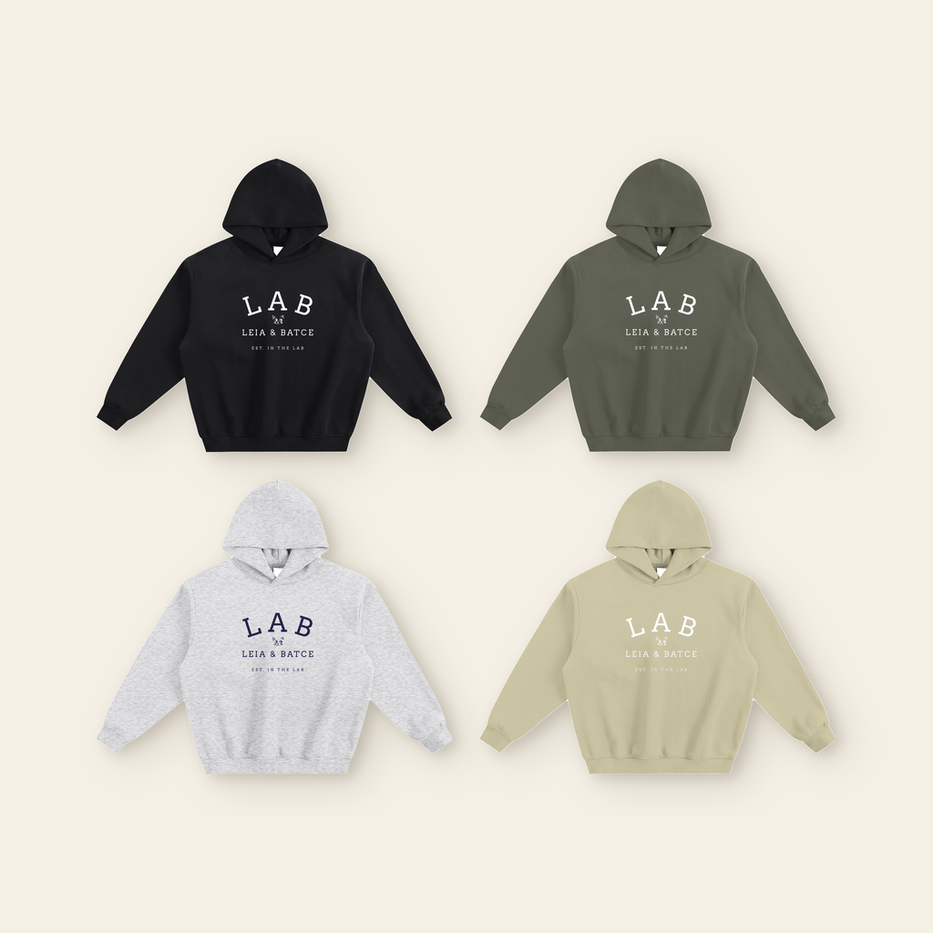 The Batce Lab Boxy Hoodie – Adult in all 4 colors: Black, Dark Gray, Heather Gray, Sage