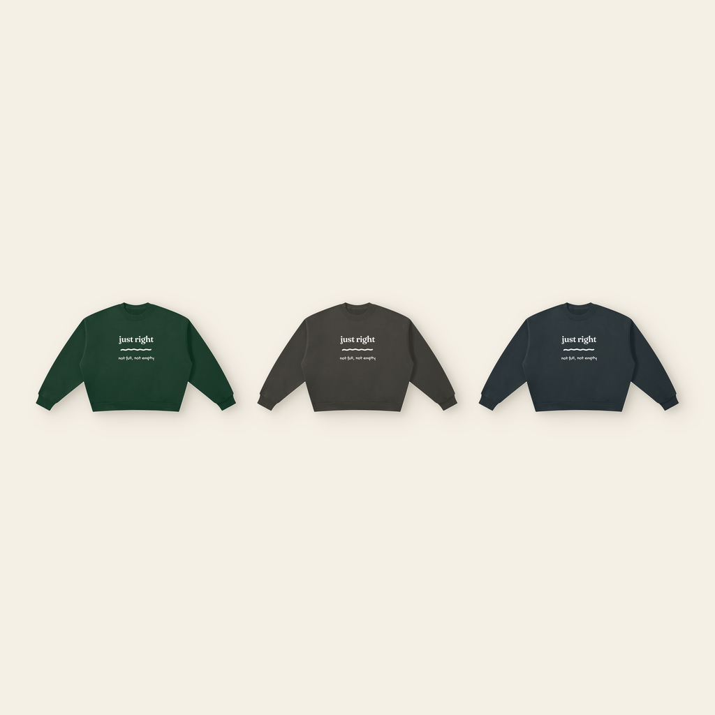 Just Right Full Lettering Boxy Fleece Sweatshirt – Adult in all 3 colors: Dark Green, Dark Gray, Navy Blue