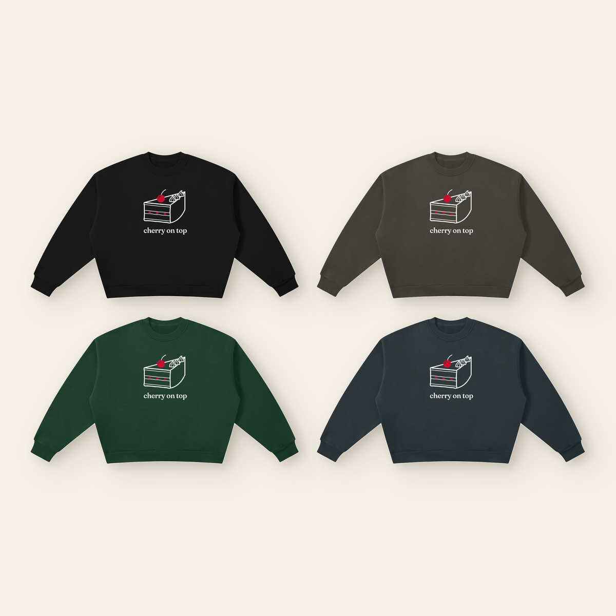 Cherry on Top Cake Boxy Fleece Sweatshirt – Adult in all 4 colors: Black, Dark Gray, Dark Green, Navy Blue