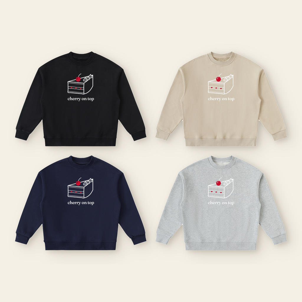 Cherry on Top Cake Fleece Sweatshirt – Kids in all 4 colors: Black, Khaki, Navy Blue, Heather Gray