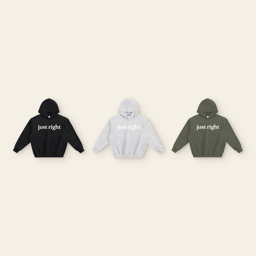 Just Right Lettering Boxy Fleece Hoodie – Adult in all 3 colors: Black, Heather Gray, Olive Gray