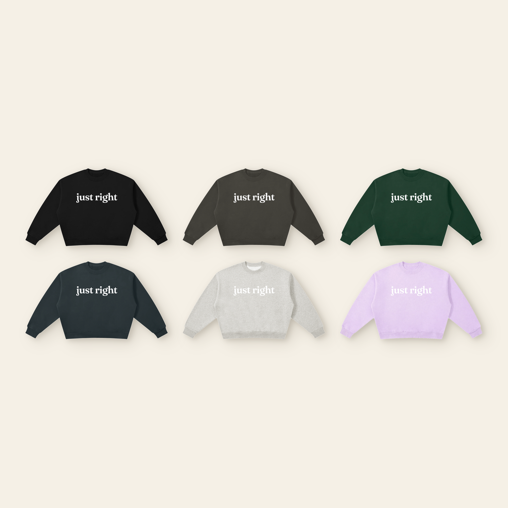 Just Right Lettering Wave Boxy Fleece Sweatshirt – Adult in all 6 colors: Black, Dark Gray, Dark Green, Navy Blue, Heather Gray, Lavender