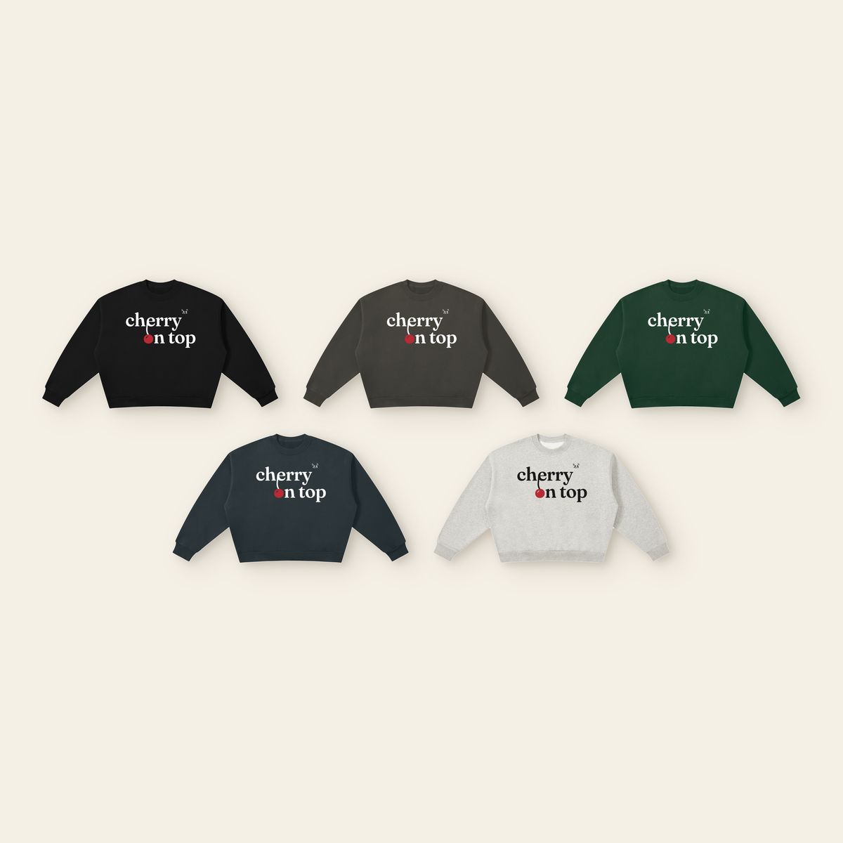 Cherry on Top Lettering Boxy Fleece Sweatshirt – Adult in all 5 colors: Black, Dark Gray, Dark Green, Navy Blue, Heather Gray