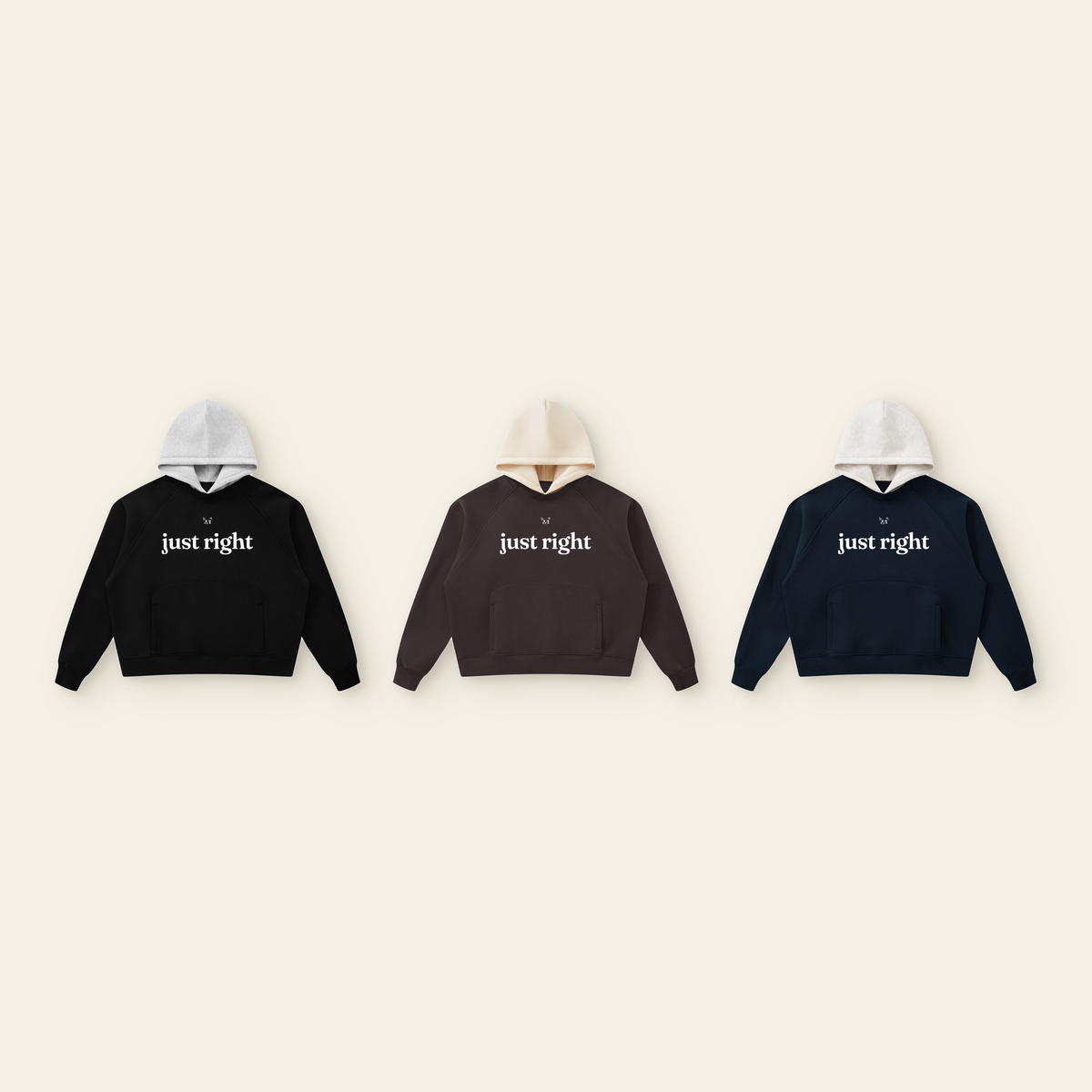 Just Right Lettering Raglan Fleece Hoodie – Adult in all 3 colors: Black / Heather Gray, Brown / Peach, Navy / Oatmeal