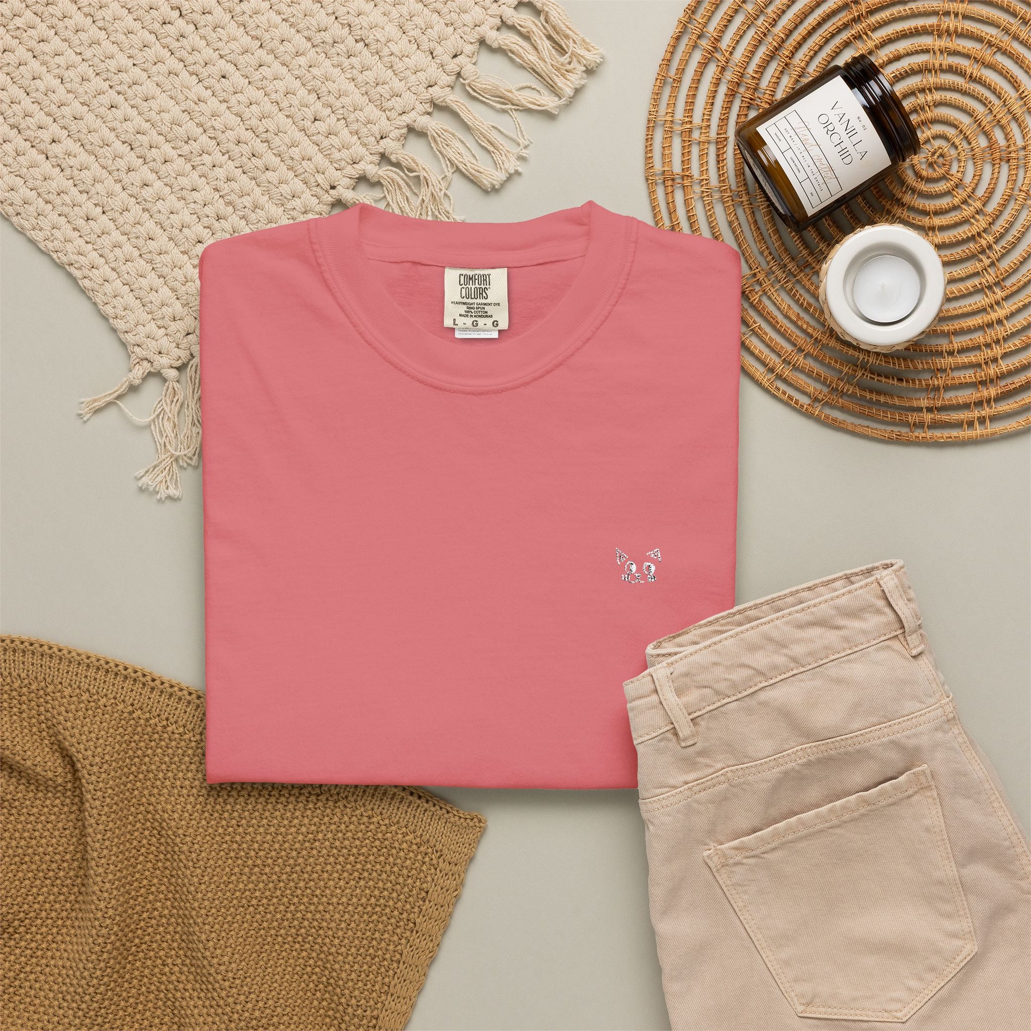 Minimal Heart Chest Tee — Garment-Dyed Coral T-Shirt