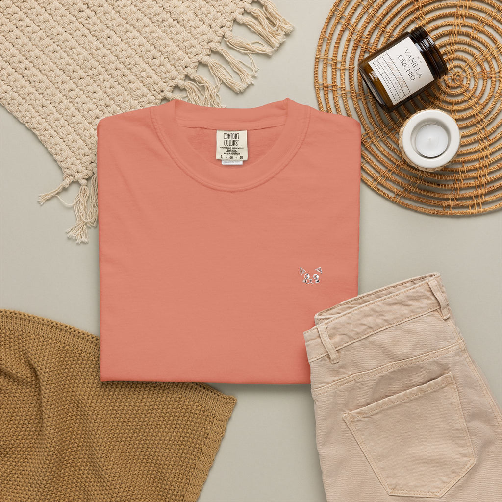 Minimal Heart Chest Tee — Garment-Dyed Coral T-Shirt