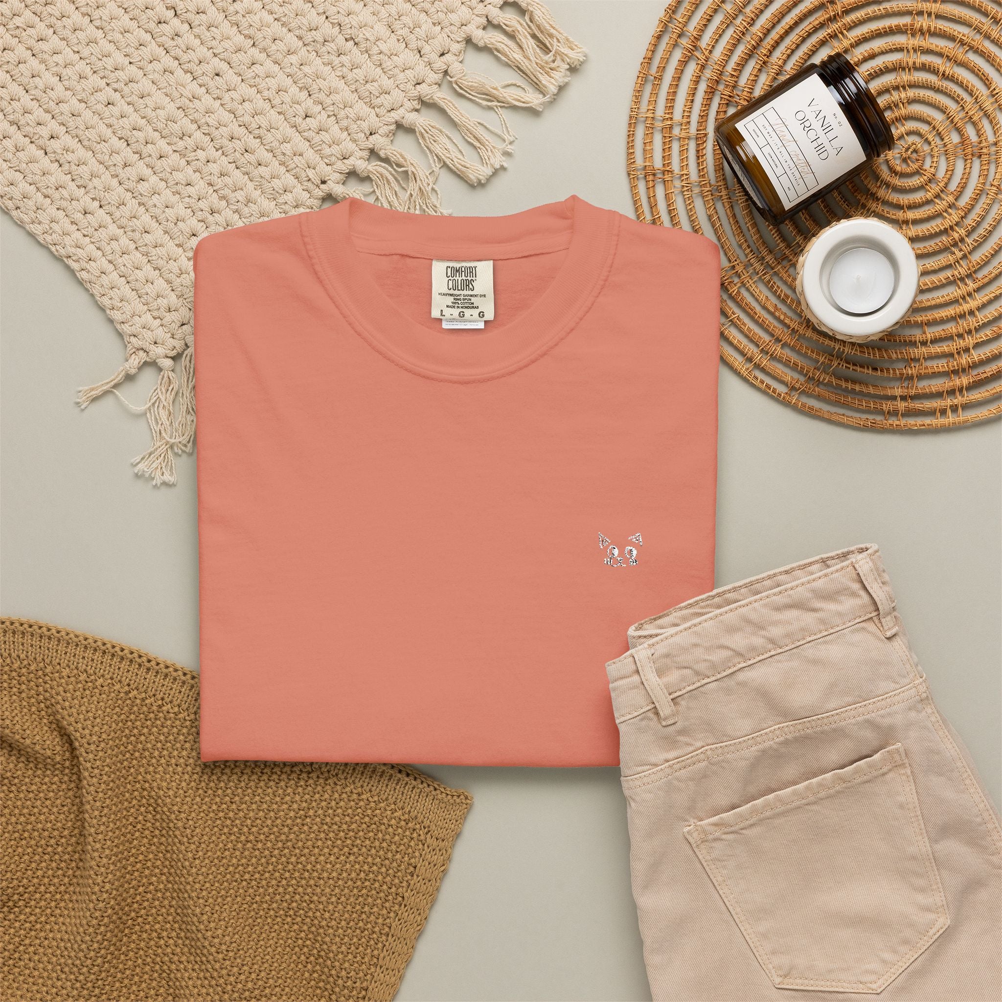 Minimal Heart Chest Tee — Garment-Dyed Coral T-Shirt