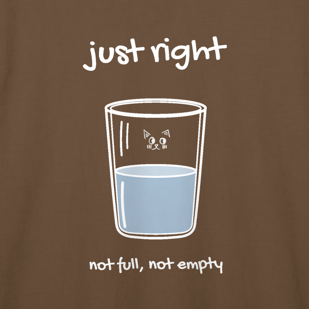 Close-up of the hand-drawn Just Right mark printed on the Brown adult t-shirt