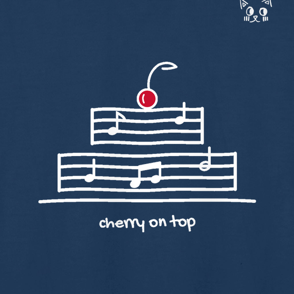 Close-up of the hand-drawn Cherry on Top mark printed on the Navy Blue adult t-shirt