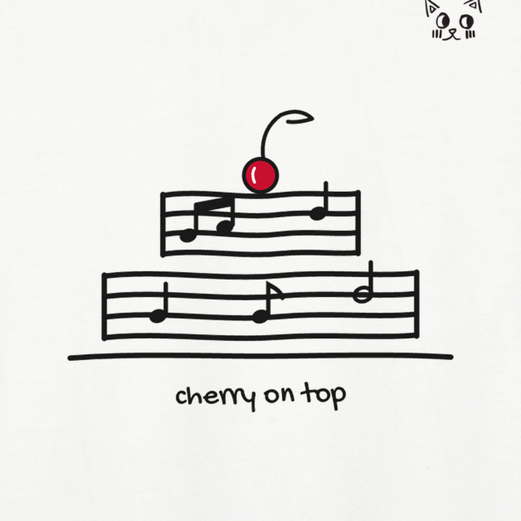 Close-up of the hand-drawn Cherry on Top mark printed on the White adult t-shirt