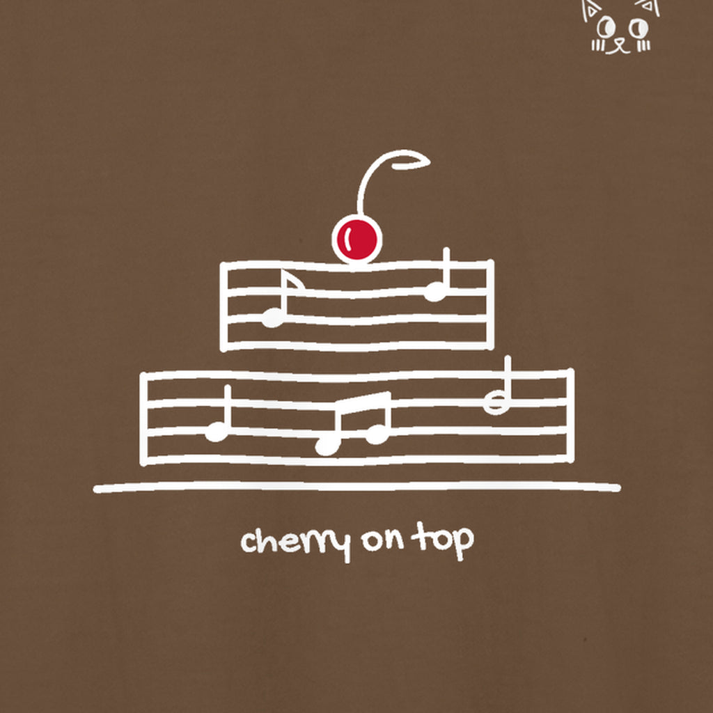 Close-up of the hand-drawn Cherry on Top mark printed on the Brown adult t-shirt