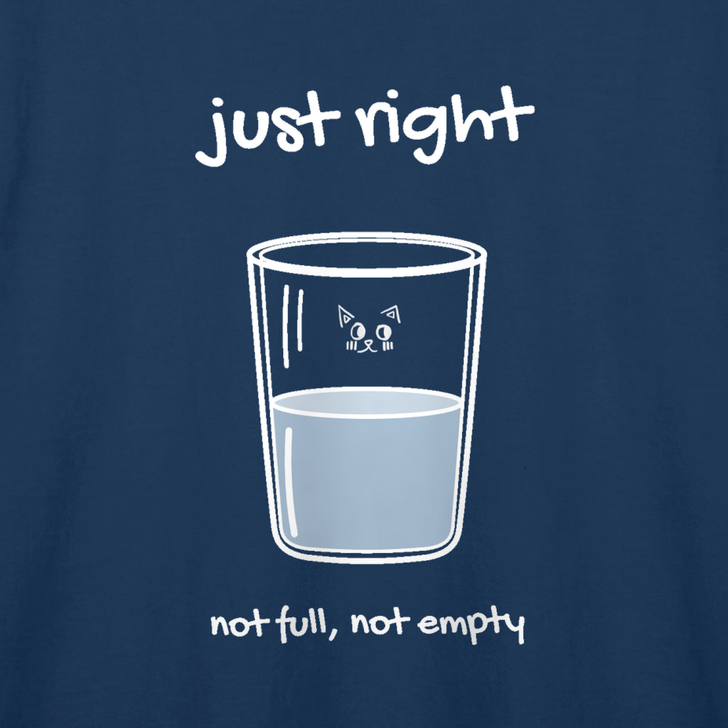 Close-up of the hand-drawn Just Right mark printed on the Navy Blue adult t-shirt