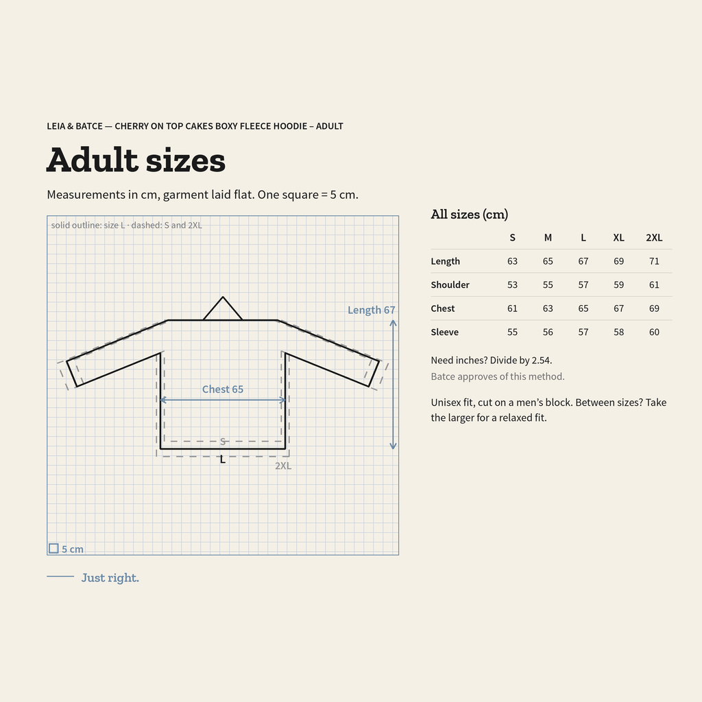 Size guide for Cherry on Top Cakes Boxy Fleece Hoodie – Adult: measurements in cm, garment laid flat