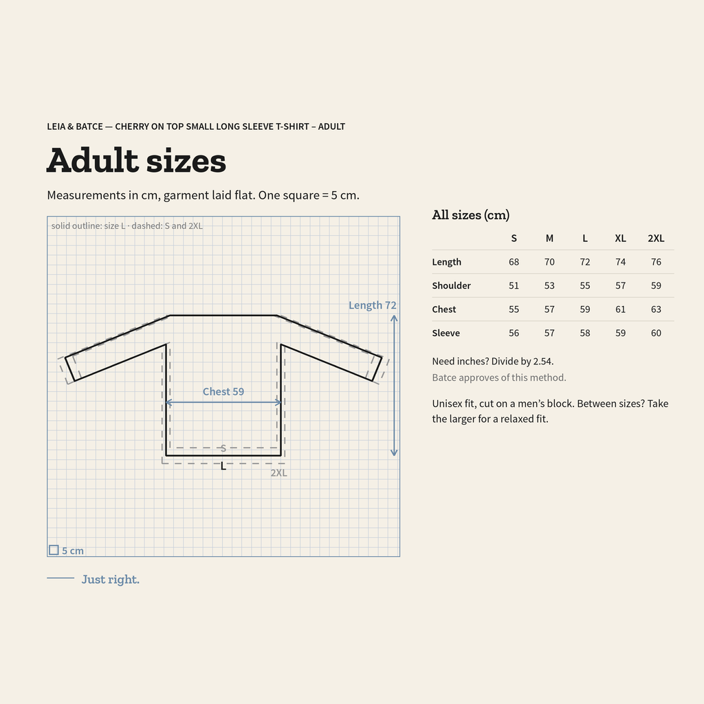 Adult size guide, measurements in centimeters, garment laid flat