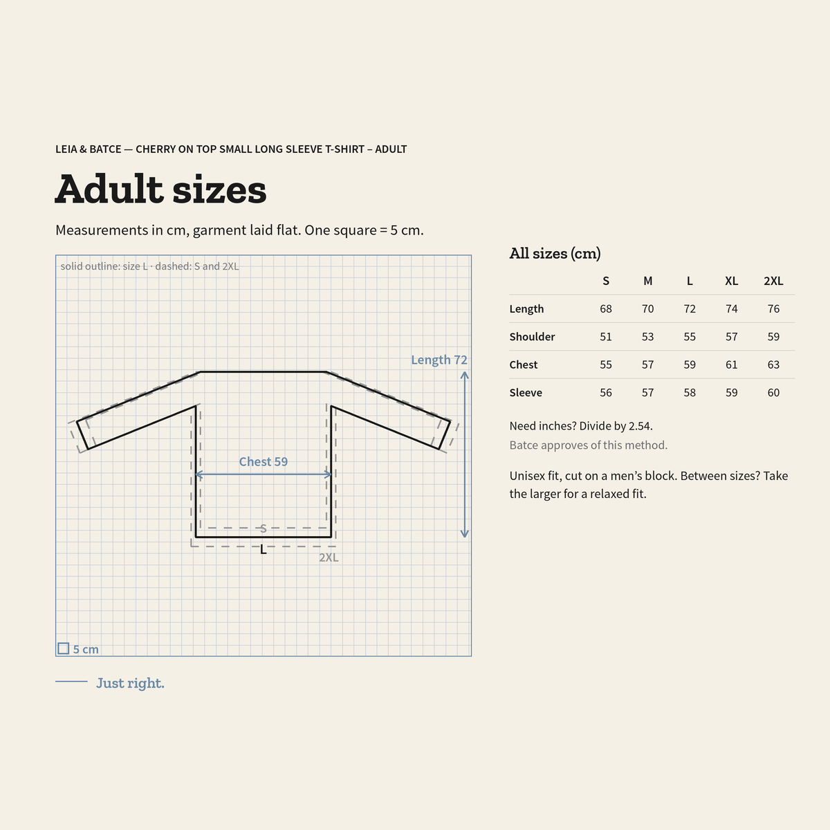 Adult size guide, measurements in centimeters, garment laid flat