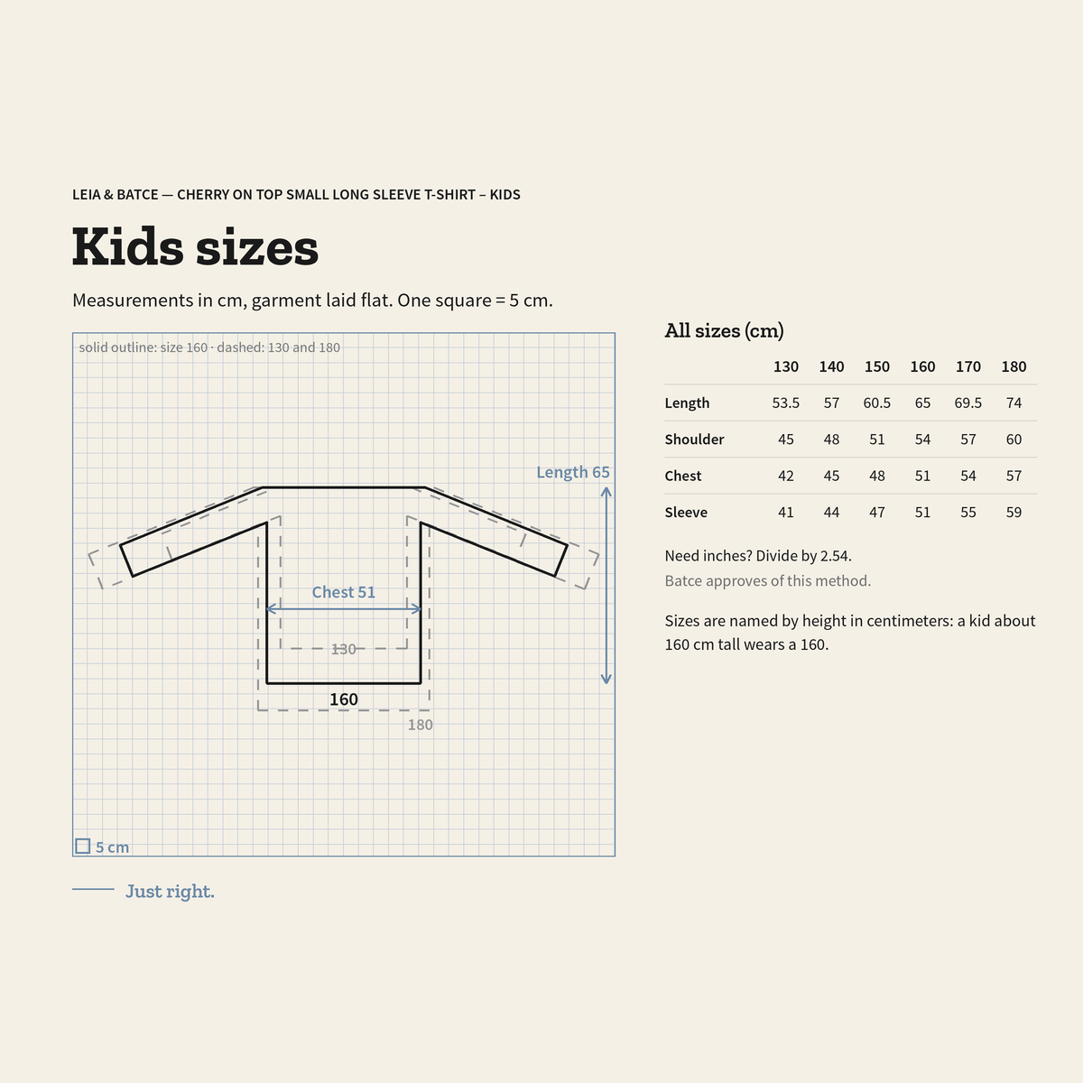 Kids size guide, measurements in centimeters, garment laid flat