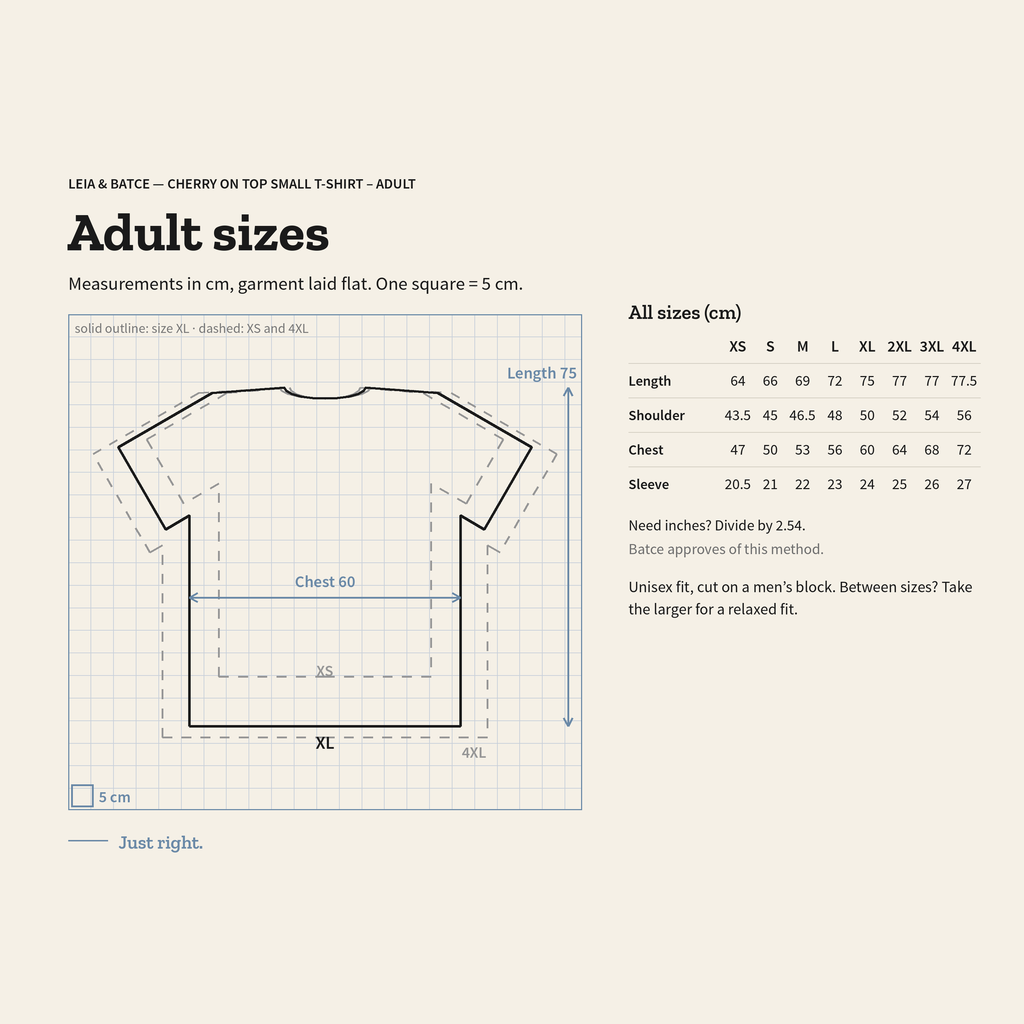 Adult size guide, measurements in centimeters, garment laid flat
