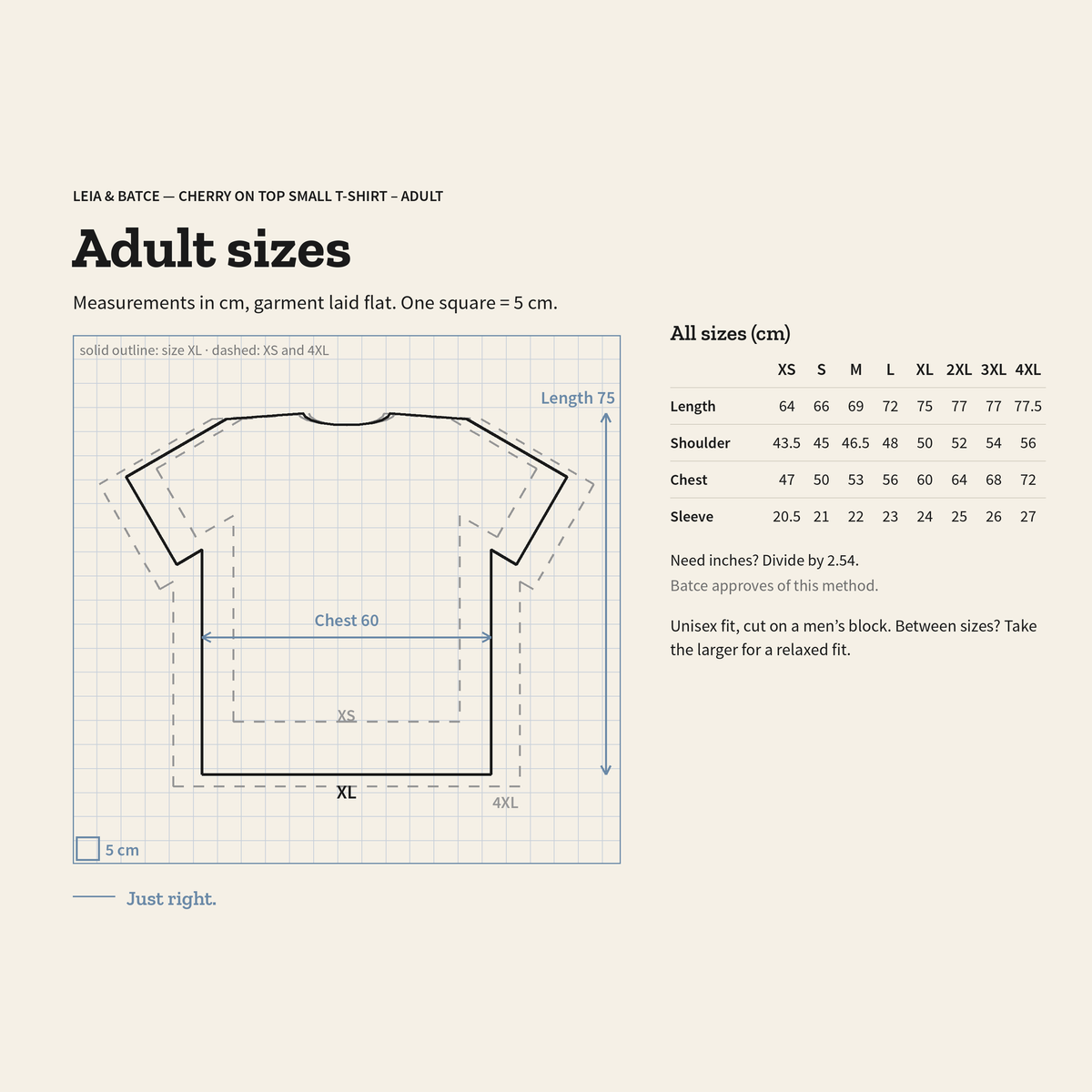 Adult size guide, measurements in centimeters, garment laid flat