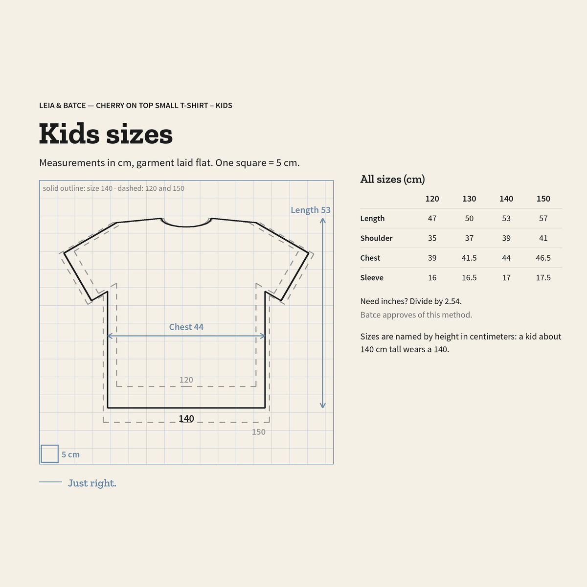 Kids size guide, measurements in centimeters, garment laid flat