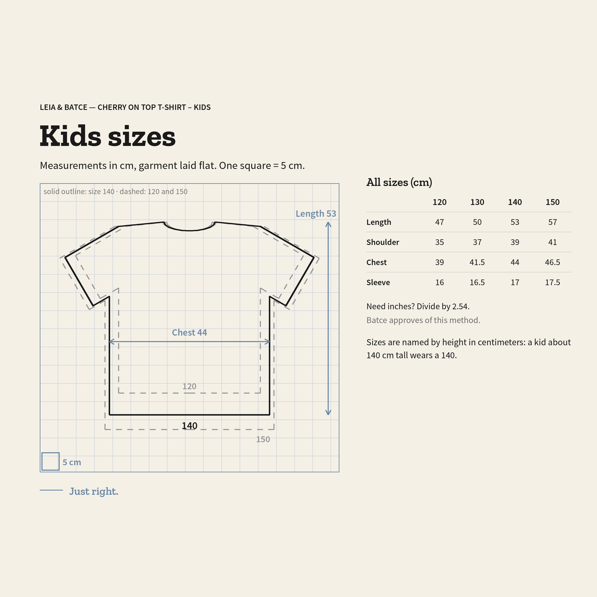 Kids size guide, 120 to 150 by height, measurements in centimeters