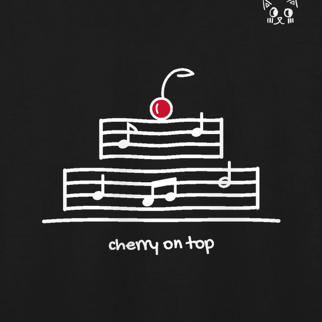 Close-up of the hand-drawn Cherry on Top mark printed on the Black adult t-shirt