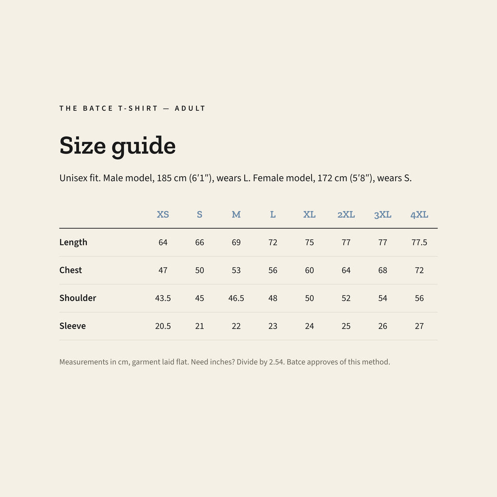 Size guide for The Just Right T-Shirt – Adult: measurements in cm, garment laid flat